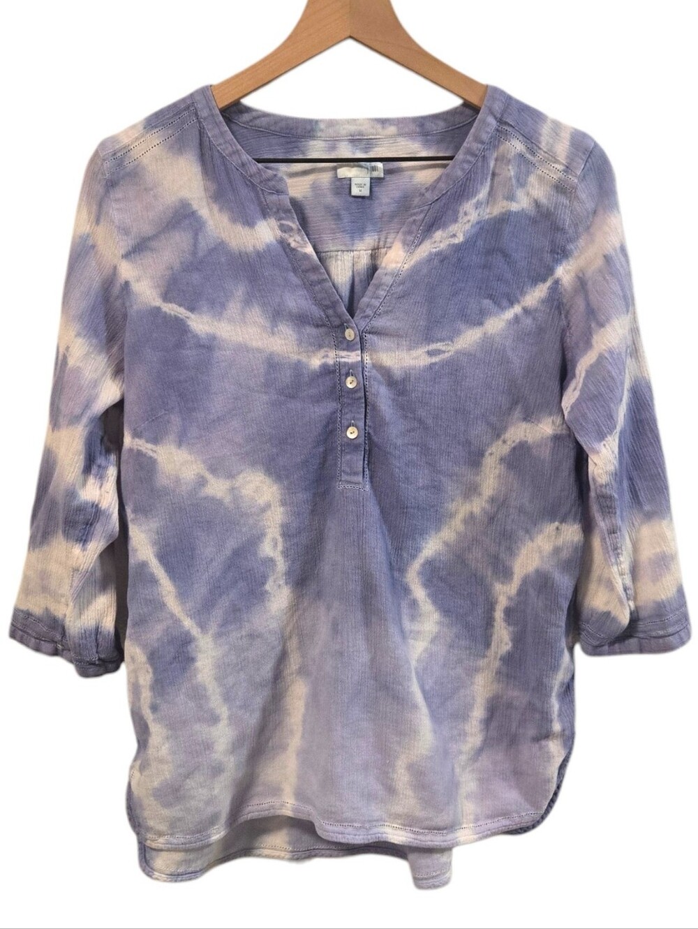 J. Jill Blue White Tie-Dye Cotton 3/4 Sleeve V-neck Tunic Boho Lagenlook Medium